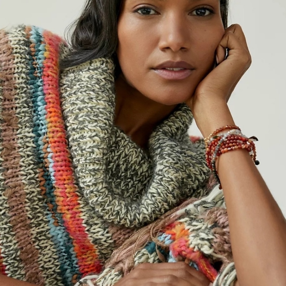 Anthropologie Chunky Knit Fringe Poncho OS | Boho Striped Cowl Neck Sweater Wrap